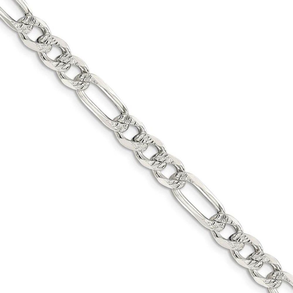 Men's 7mm, Sterling Silver, Pave Flat Figaro Chain Necklace, 30 Inch